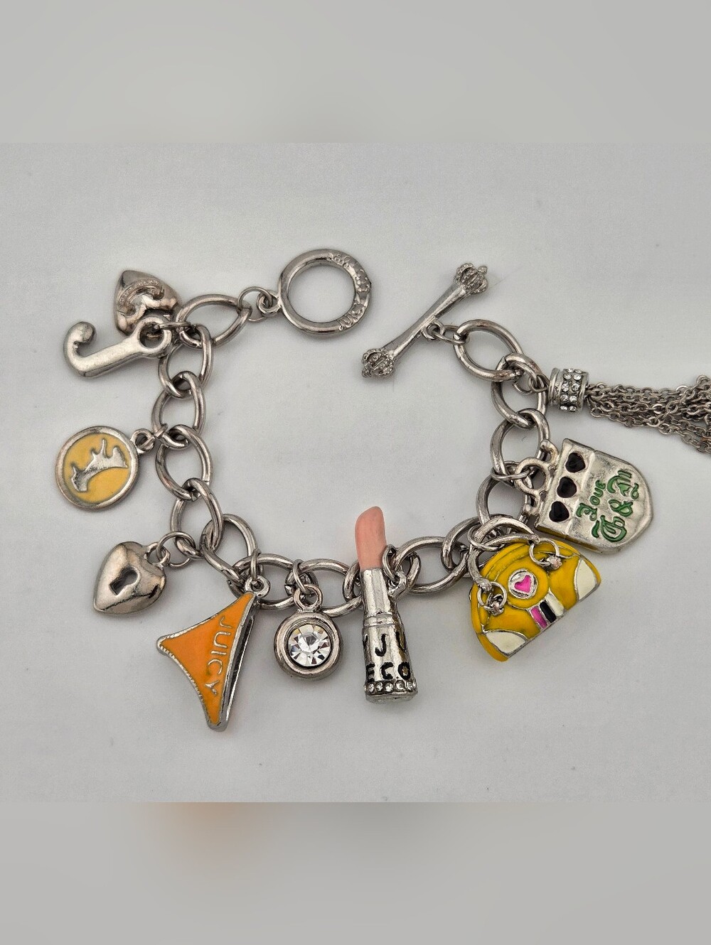 Juicy Couture Y2K Juicy Girl Essentials Lipstick Purse Silvertone Charm Bracelet